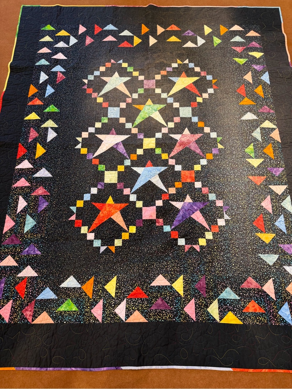 Handmade Black Star Patchwork Quilt with Multicolor Accents